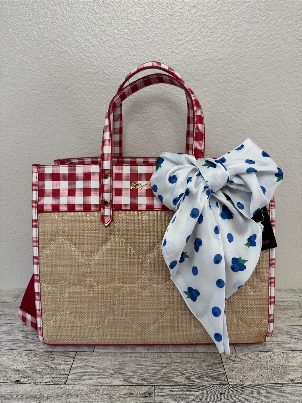 Betsey Johnson Red Gingham & Straw Tote NWT - Picture 2 of 10